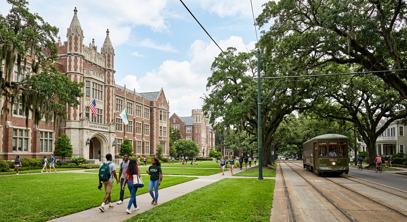 Loyola University New Orleans historic campus with oak-lined St. Charles Avenue, Tudor-Gothic architecture buildings, lush green lawns, and students walking near the College of Business in the Uptown neighborhood