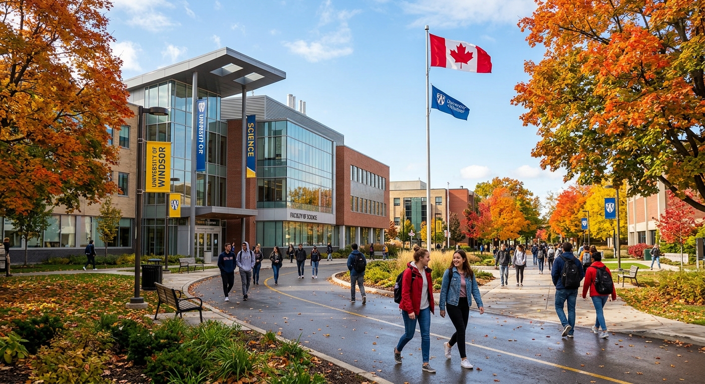 University of Windsor campus with modern science building, students walking along tree-lined pathways, Canadian flag visible, bright autumn day in Windsor Ontario