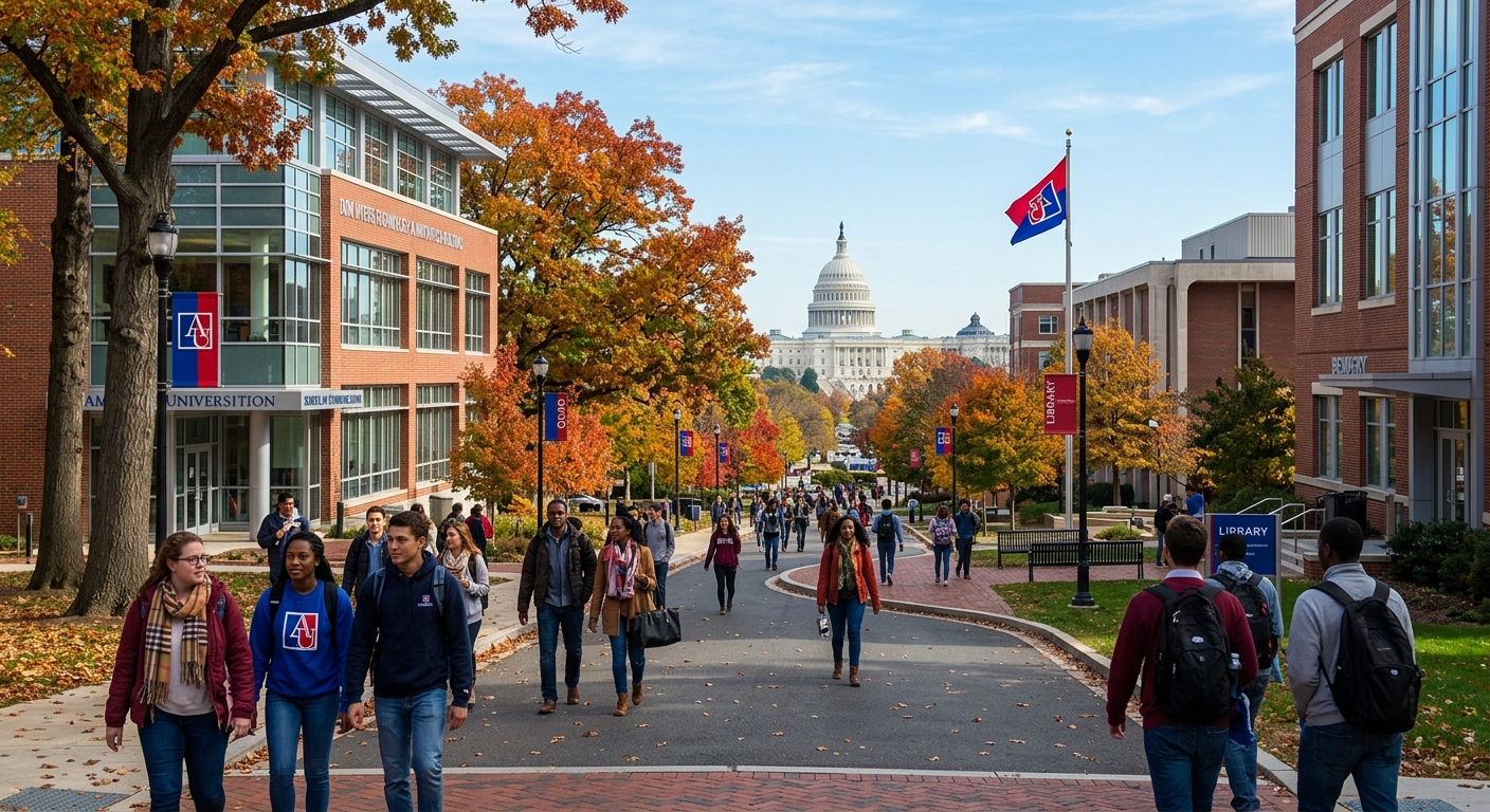 American University campus in Washington DC with modern academic buildings, tree-lined pathways, students walking between classes, the US Capitol dome visible in the distant background, sunny autumn day