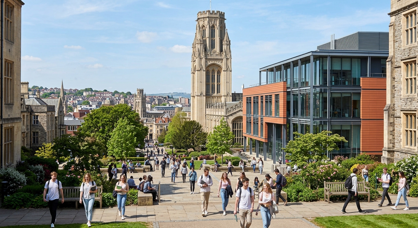 University of Bristol campus with the iconic Wills Memorial Building tower in the background, students walking through a sunny courtyard, with a modern medical sciences building visible, Bristol cityscape in the distance