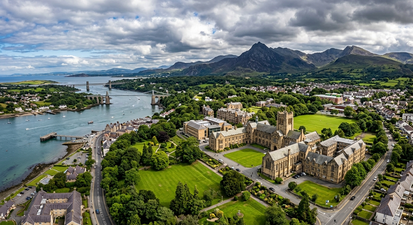 Aerial view of Bangor University campus nestled between Snowdonia mountains and the Menai Strait in North Wales, historic stone buildings surrounded by lush green landscape under dramatic Welsh sky