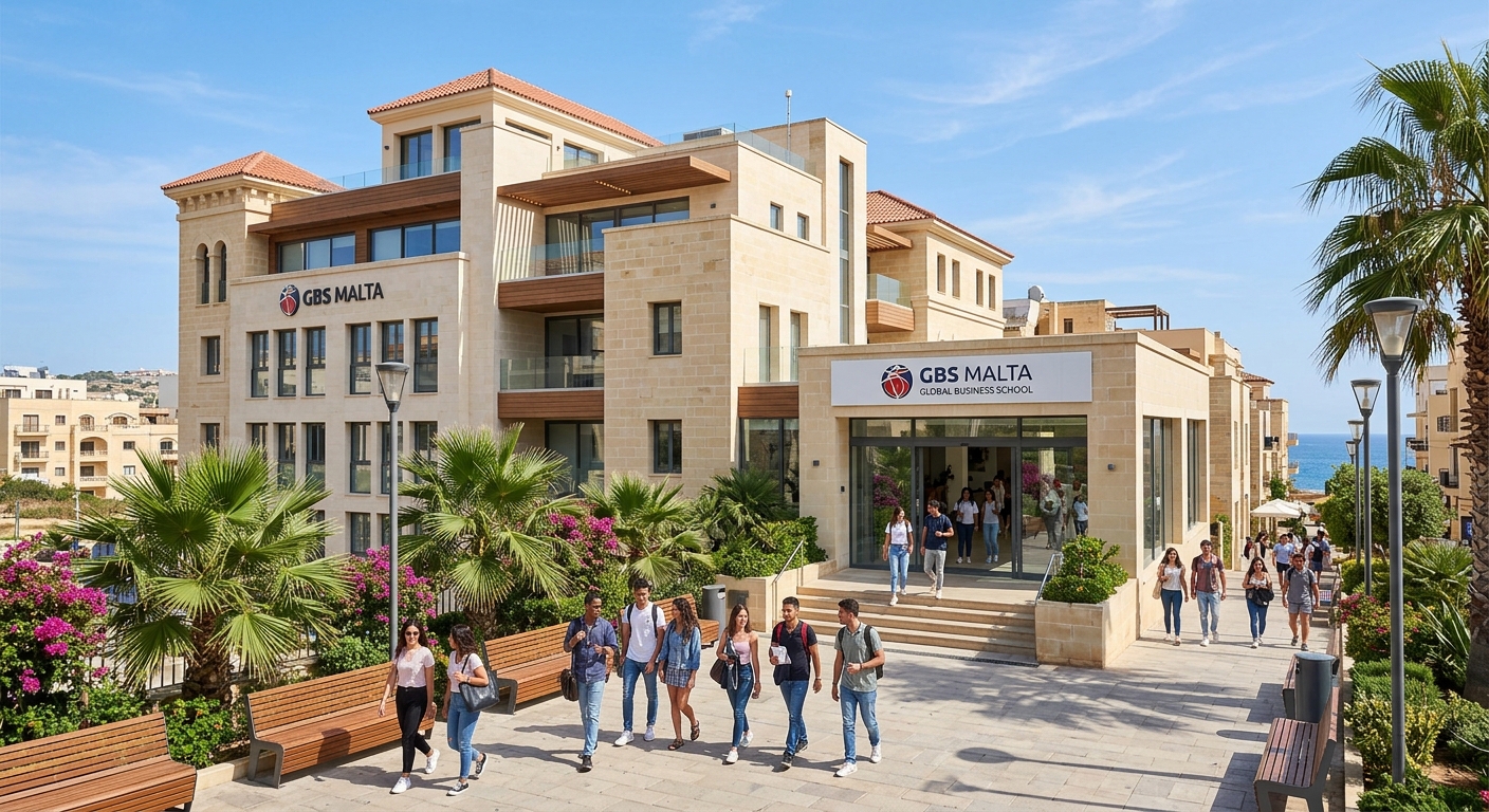 Modern GBS Malta campus building in St Julian's with Mediterranean architecture, palm trees, and students walking near the entrance under clear blue skies