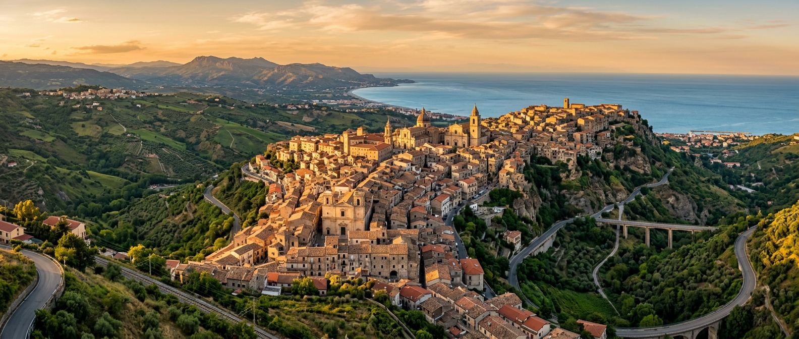Panoramic view of Catanzaro city perched on a hilltop in Calabria, southern Italy, terracotta rooftops, historic churches, green valleys below, Ionian Sea coastline visible in the background, golden hour lighting