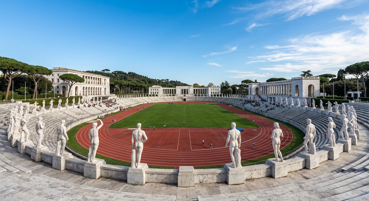 Stadio dei Marmi at Foro Italico with rows of white marble statues surrounding the athletics track, blue sky above, classical Italian architecture