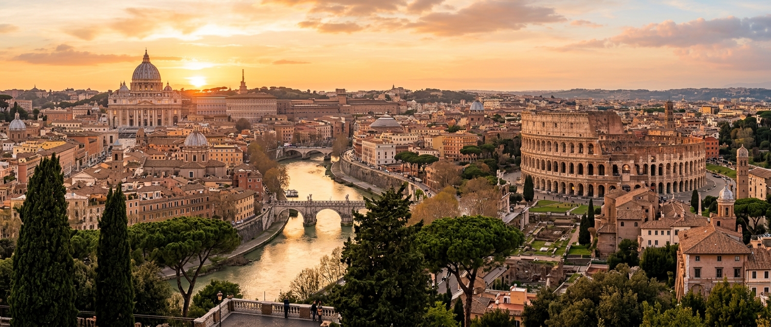 Panoramic view of Rome skyline at golden hour, featuring the Colosseum, St Peter's Basilica dome in the distance, terracotta rooftops, cypress trees, and the Tiber River winding through the city