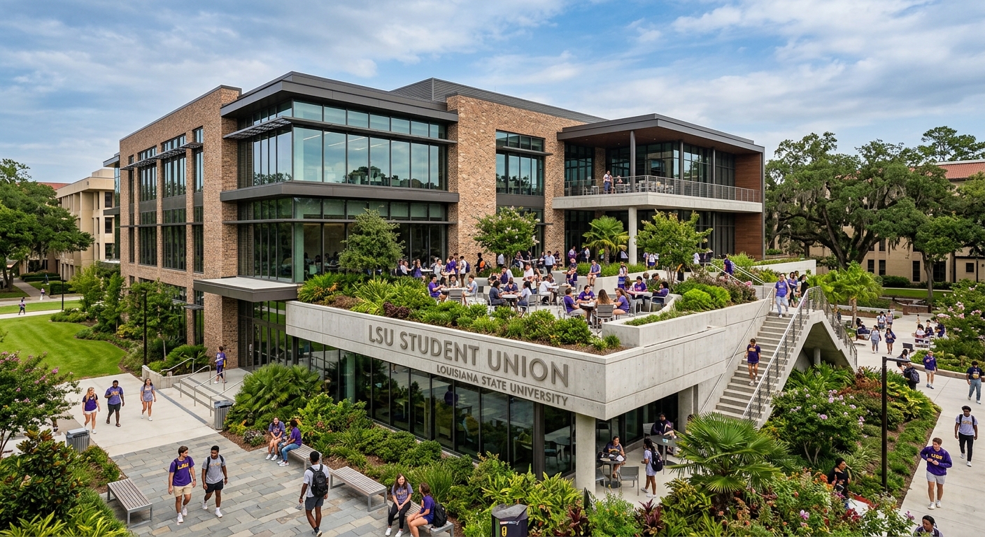 LSU Student Union building exterior with modern architecture, students socializing on outdoor terraces, lush green landscaping