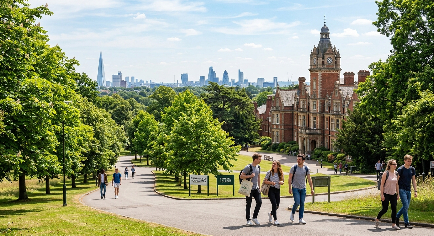 University of Roehampton parkland campus in southwest London with historic Victorian buildings surrounded by lush green trees, students walking along tree-lined paths with the London skyline in the background