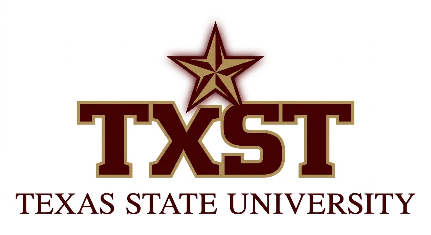 Texas State University official logo featuring a star emblem with TXST lettering in maroon and gold colors on a white background