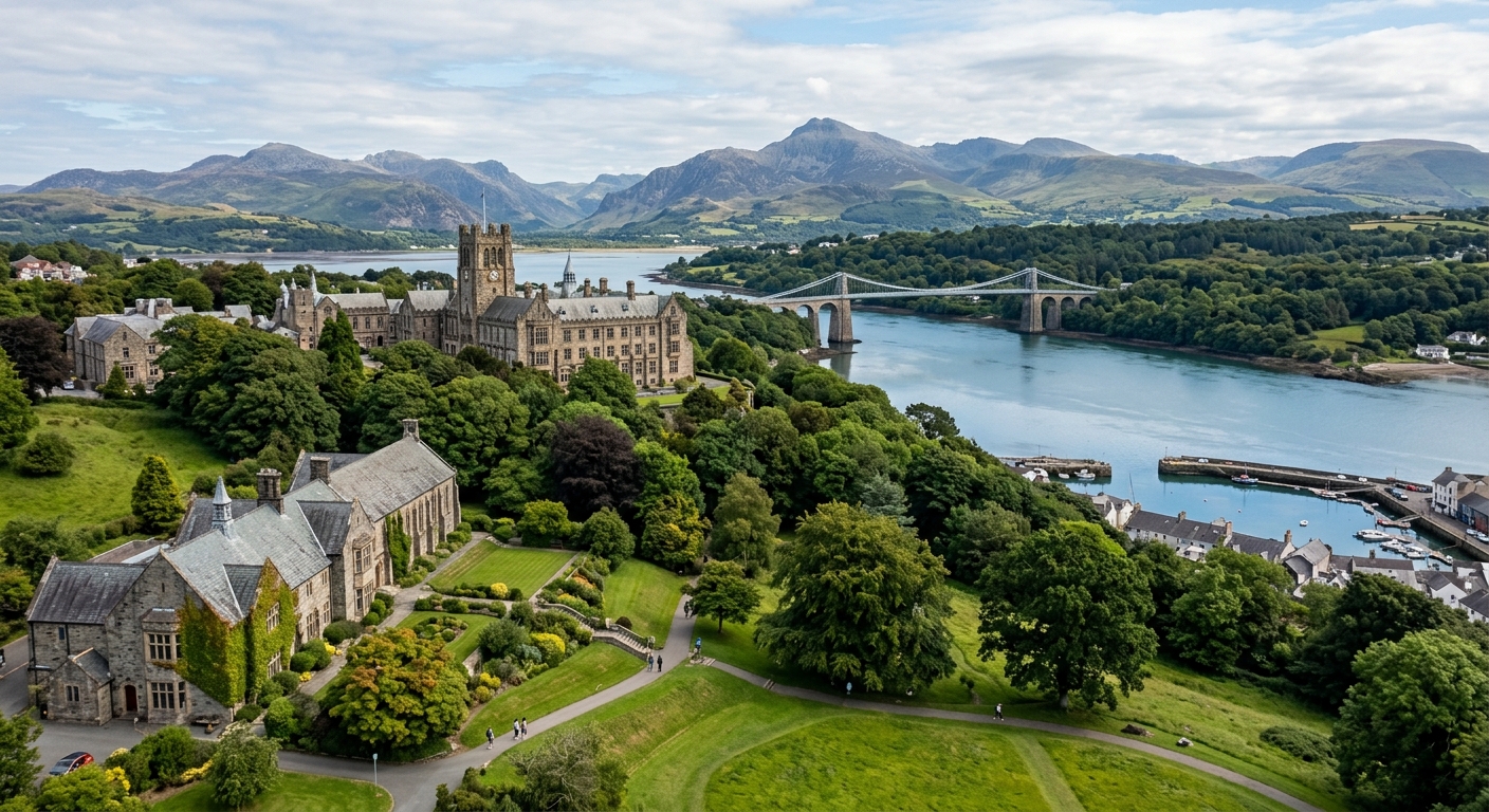Serene view of Bangor University campus nestled between Snowdonia mountains and the Menai Strait in North Wales, with historic stone buildings surrounded by lush green landscapes and a calm meditative atmosphere