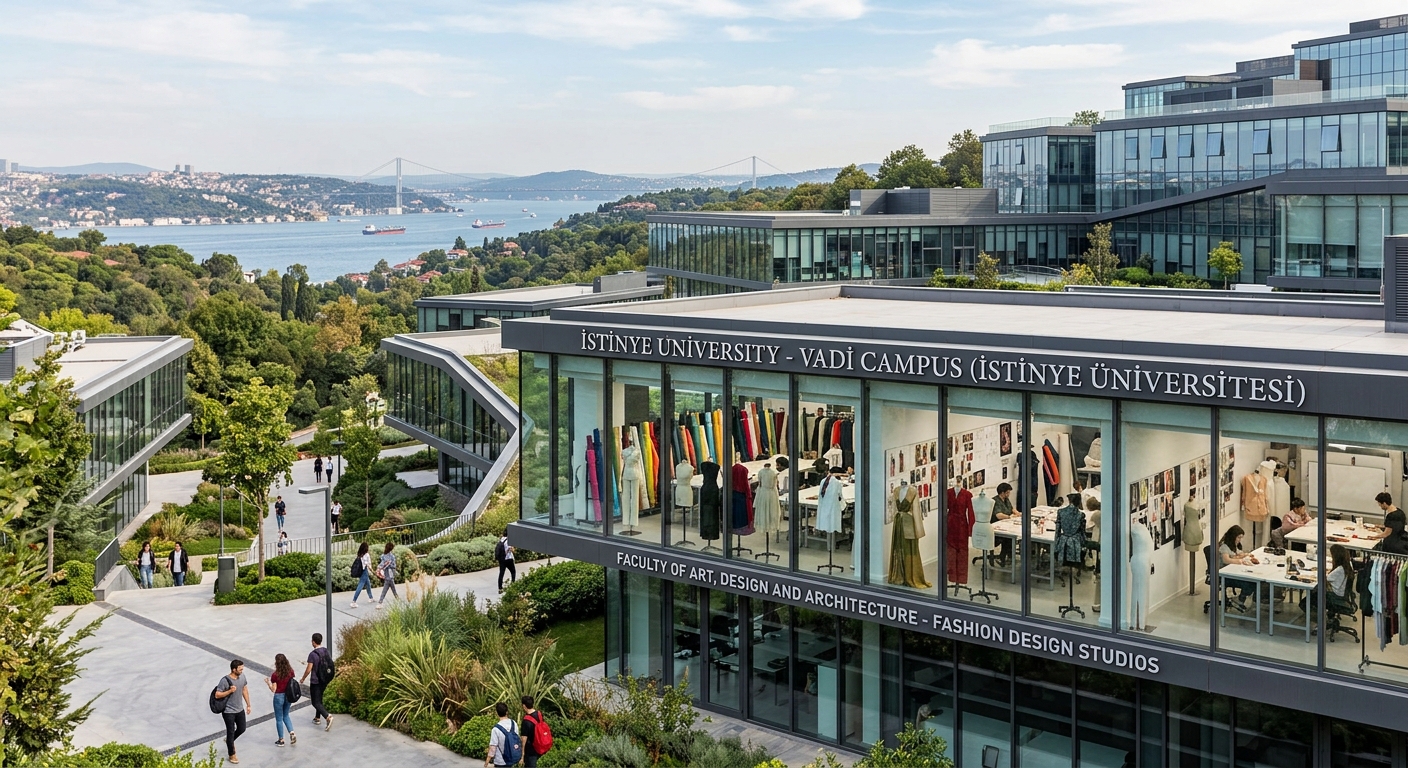 Istinye University campus in Sarıyer Istanbul with modern architecture, fashion design studios visible through large windows, mannequins and fabric displays, lush green surroundings and Bosphorus view in the background