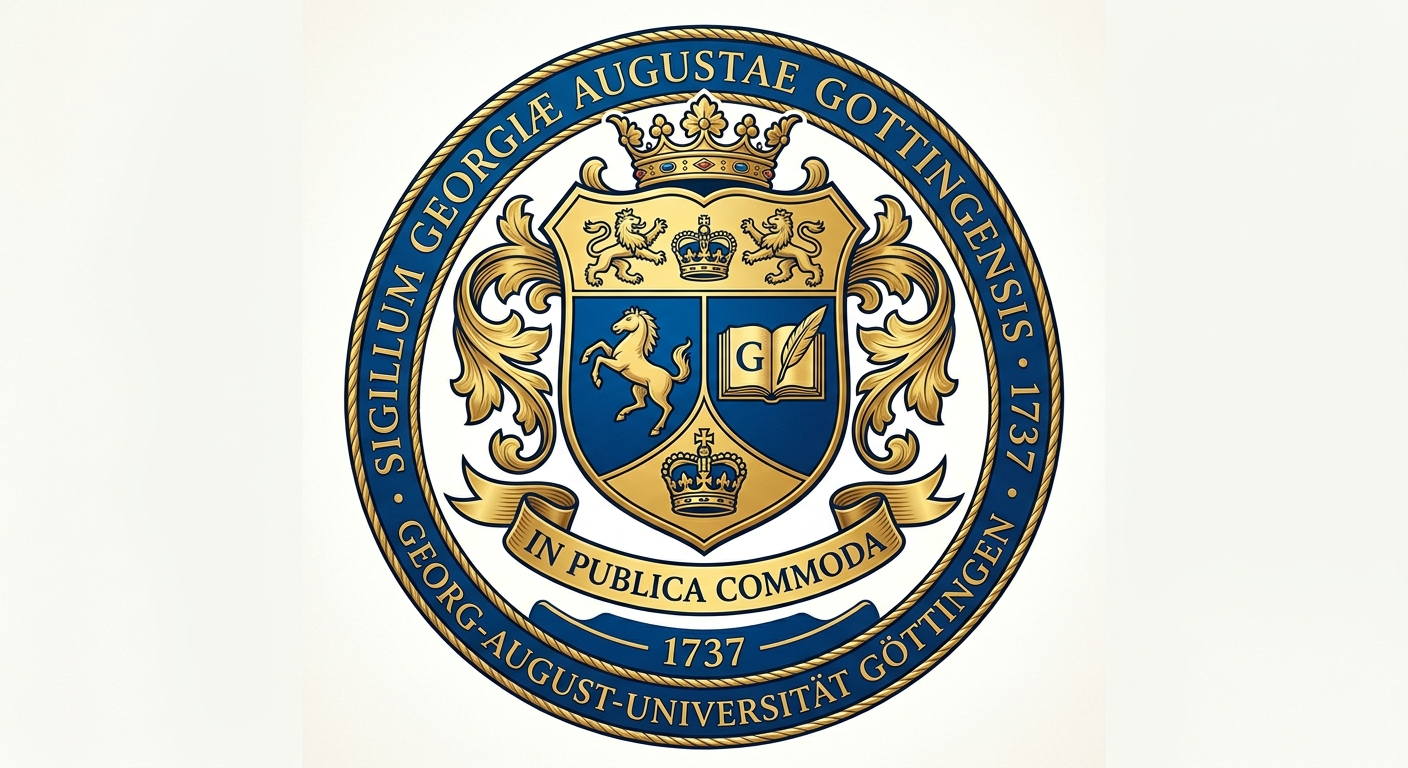 University of Göttingen official logo, Georg-August-Universität Göttingen crest with shield, blue and gold colors, Latin inscription In Publica Commoda