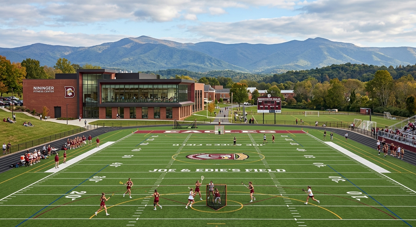 Bridgewater College athletic field and fitness center exterior with students playing sports, Blue Ridge Mountains in the background, green turf field