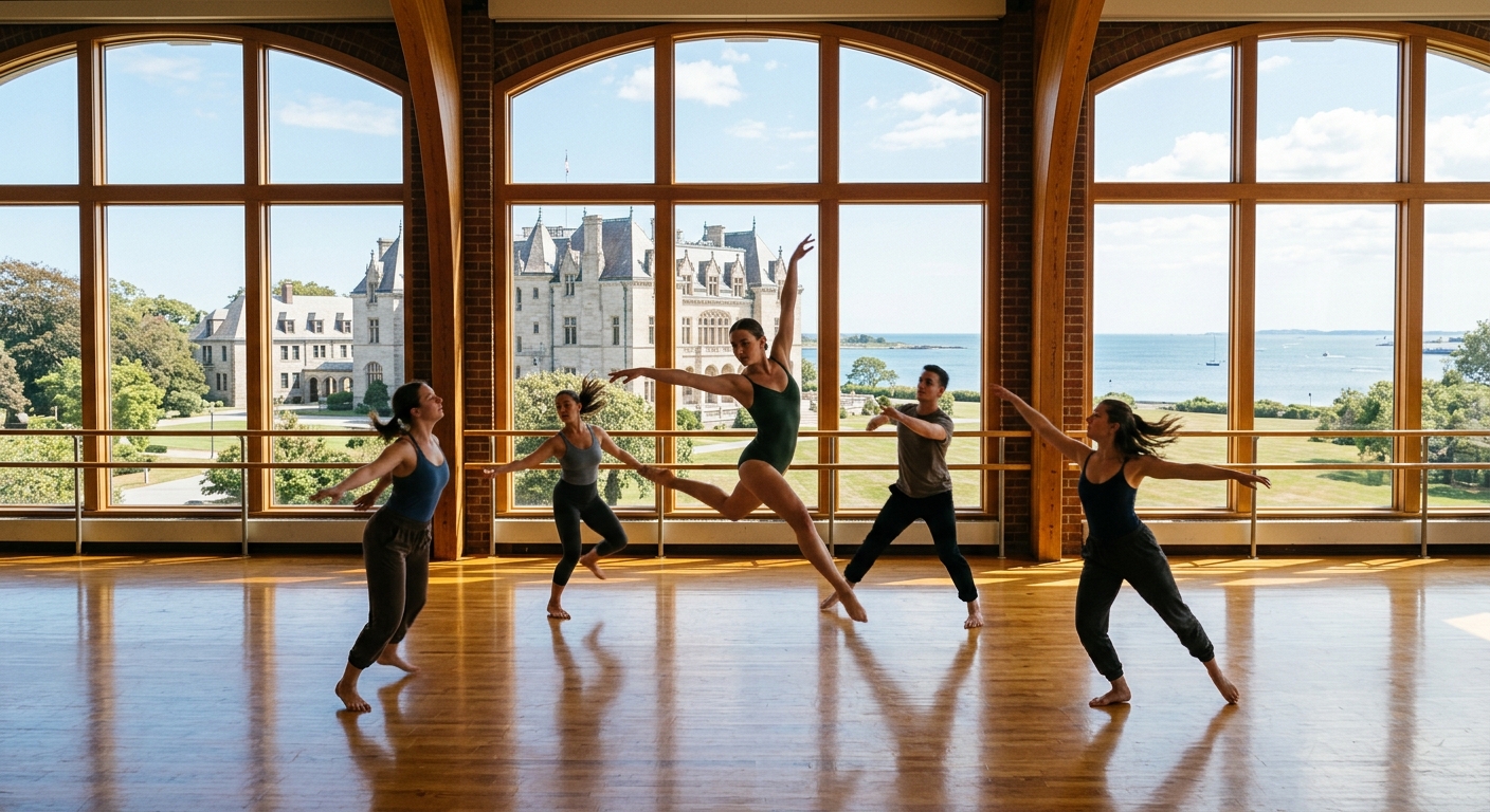 Dancers performing contemporary choreography in a sunlit studio at Salve Regina University, historic Newport Rhode Island campus visible through large windows, wooden dance floor reflecting natural light