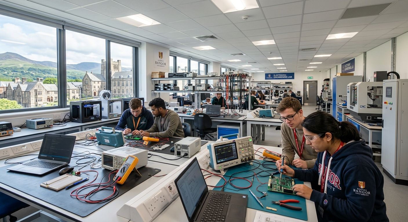 Modern electronic engineering laboratory at Bangor University with students working on circuit boards and oscilloscopes, industrial equipment visible, bright fluorescent lighting, North Wales campus building in background with mountains