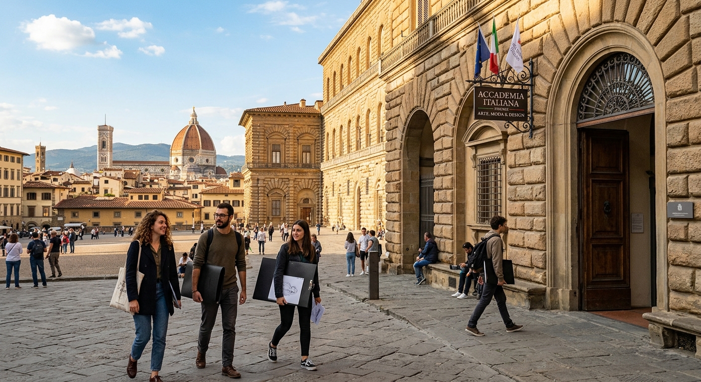 Historic Renaissance building at Piazza Pitti in Florence Italy with students carrying design portfolios, warm Mediterranean sunlight, terracotta rooftops visible in background, Accademia Italiana campus entrance