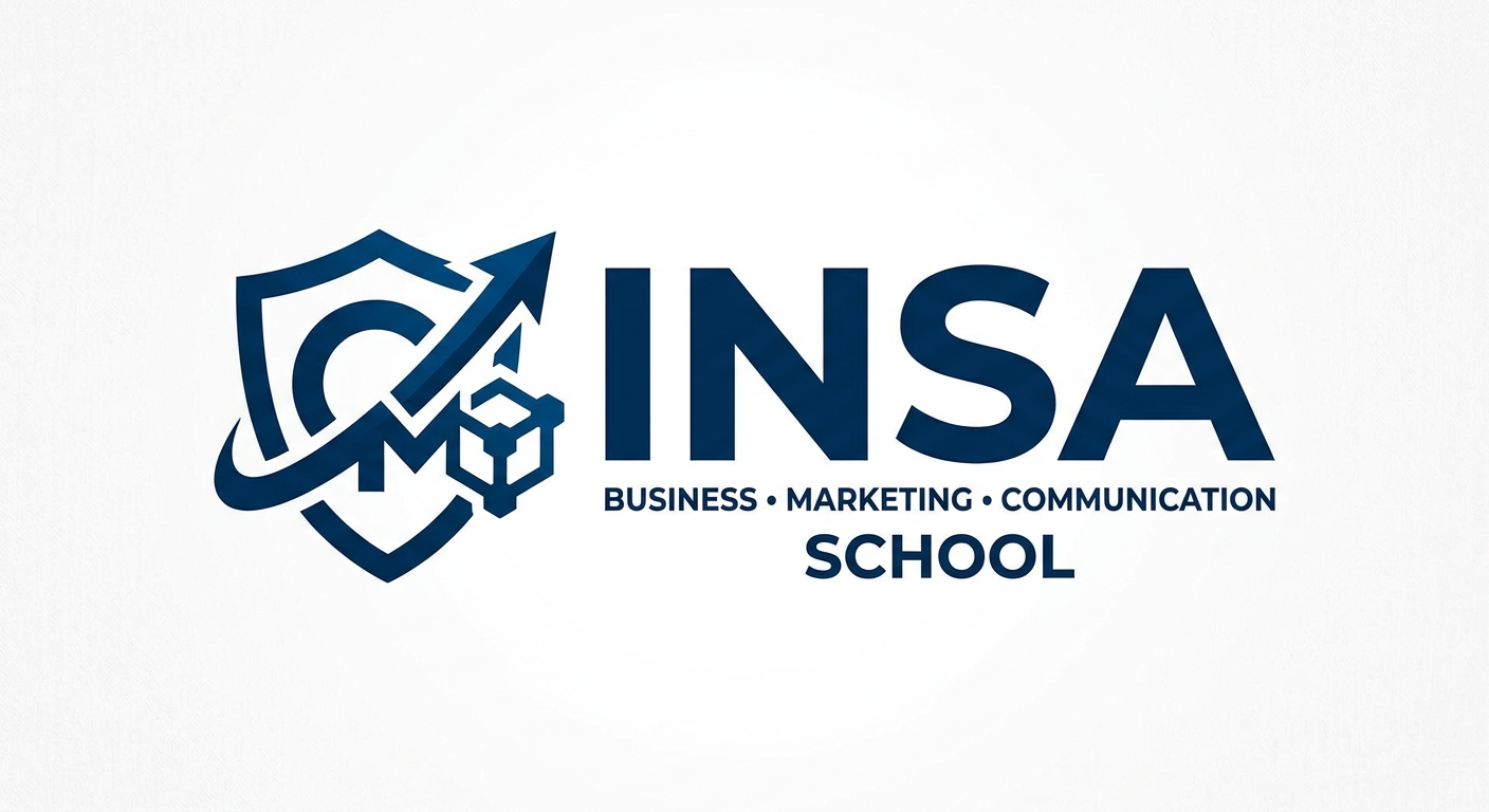 INSA Business Marketing and Communication School official logo, modern typography in dark blue and white, professional business school branding