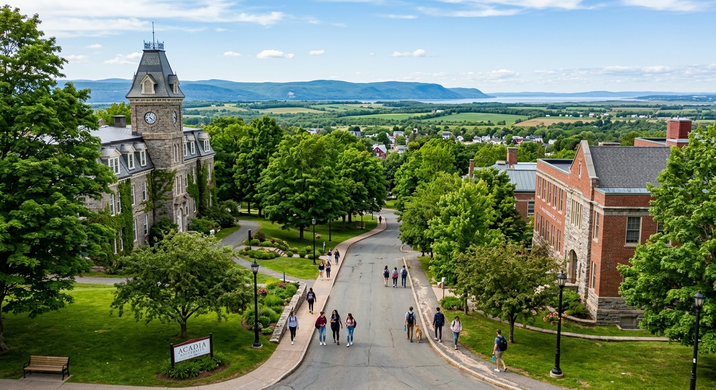 Historic stone and brick campus buildings of Acadia University in Wolfville Nova Scotia, surrounded by lush green trees and a clear sky, students walking along tree-lined pathways with the Annapolis Valley in the background