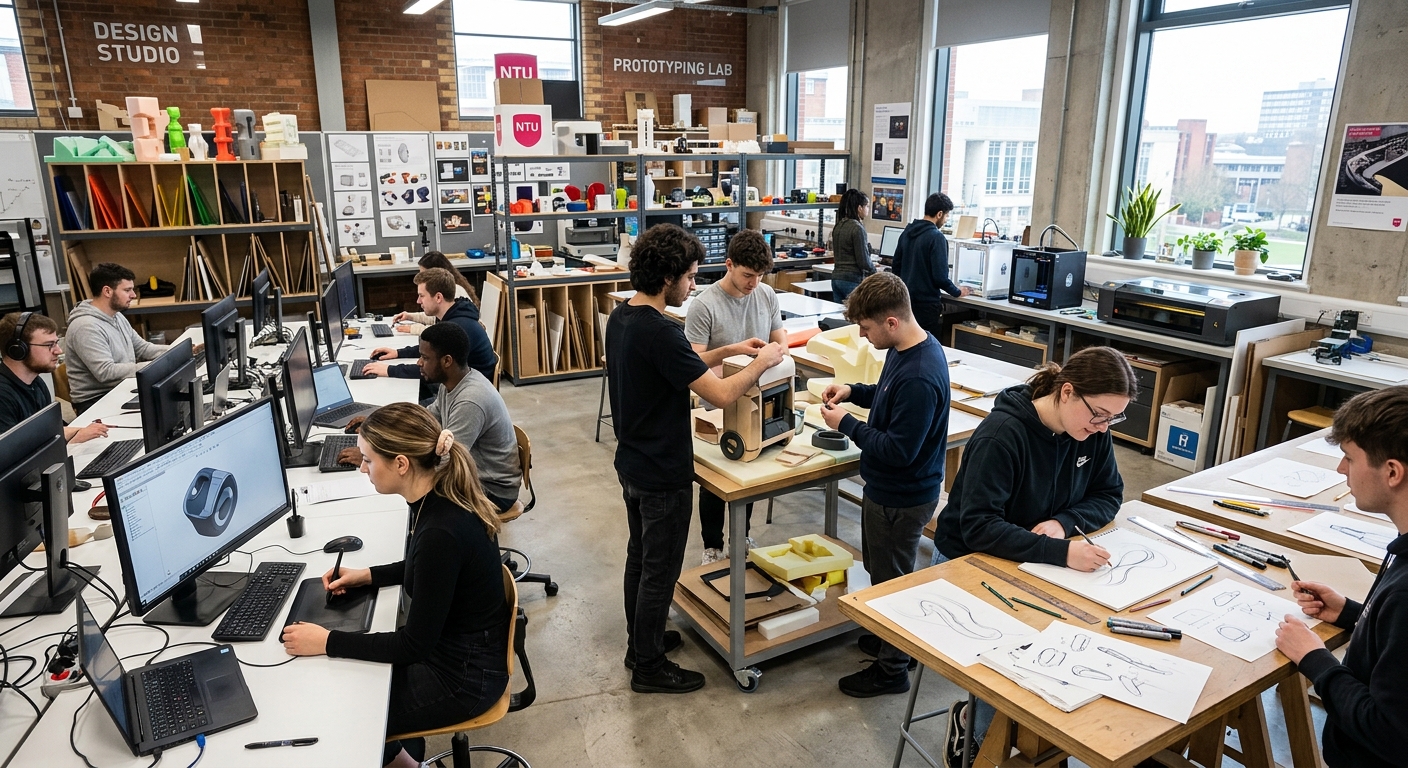 Modern design studio at Nottingham Trent University with students working on product prototypes, sketching at drawing boards, and using 3D modelling software, bright workshop environment with materials and models on display