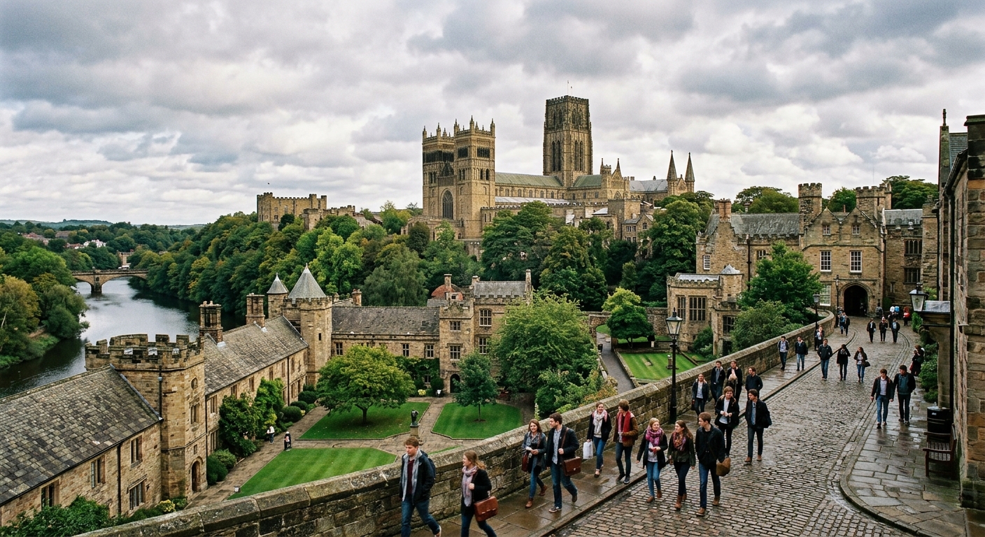 Durham University historic cathedral and castle skyline with stone collegiate buildings, green courtyards, and students walking along cobblestone paths under overcast English sky
