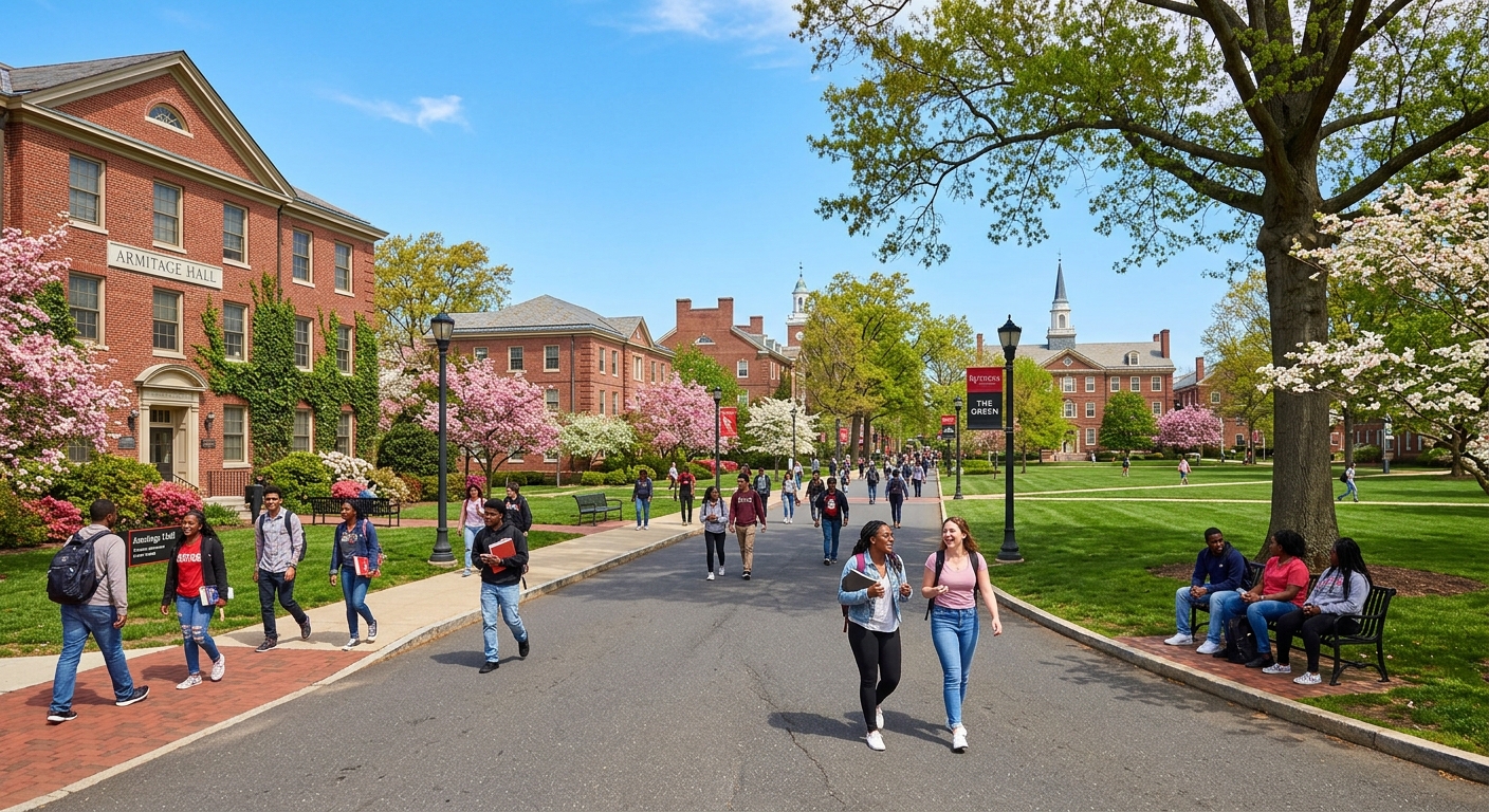 Rutgers Camden Campus Green with students walking along tree-lined paths between red brick academic buildings, spring foliage, clear day