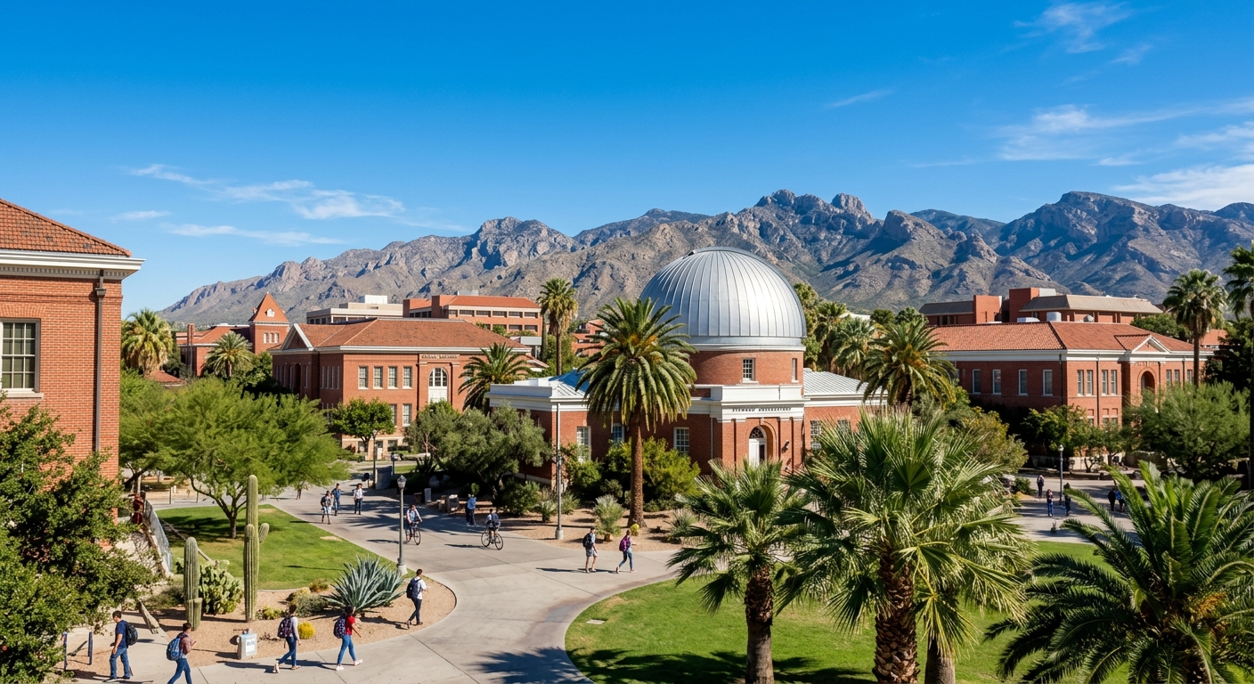 University of Arizona campus in Tucson with Steward Observatory dome visible against a clear desert sky, surrounded by palm trees and red-brick academic buildings with the Santa Catalina Mountains in the background