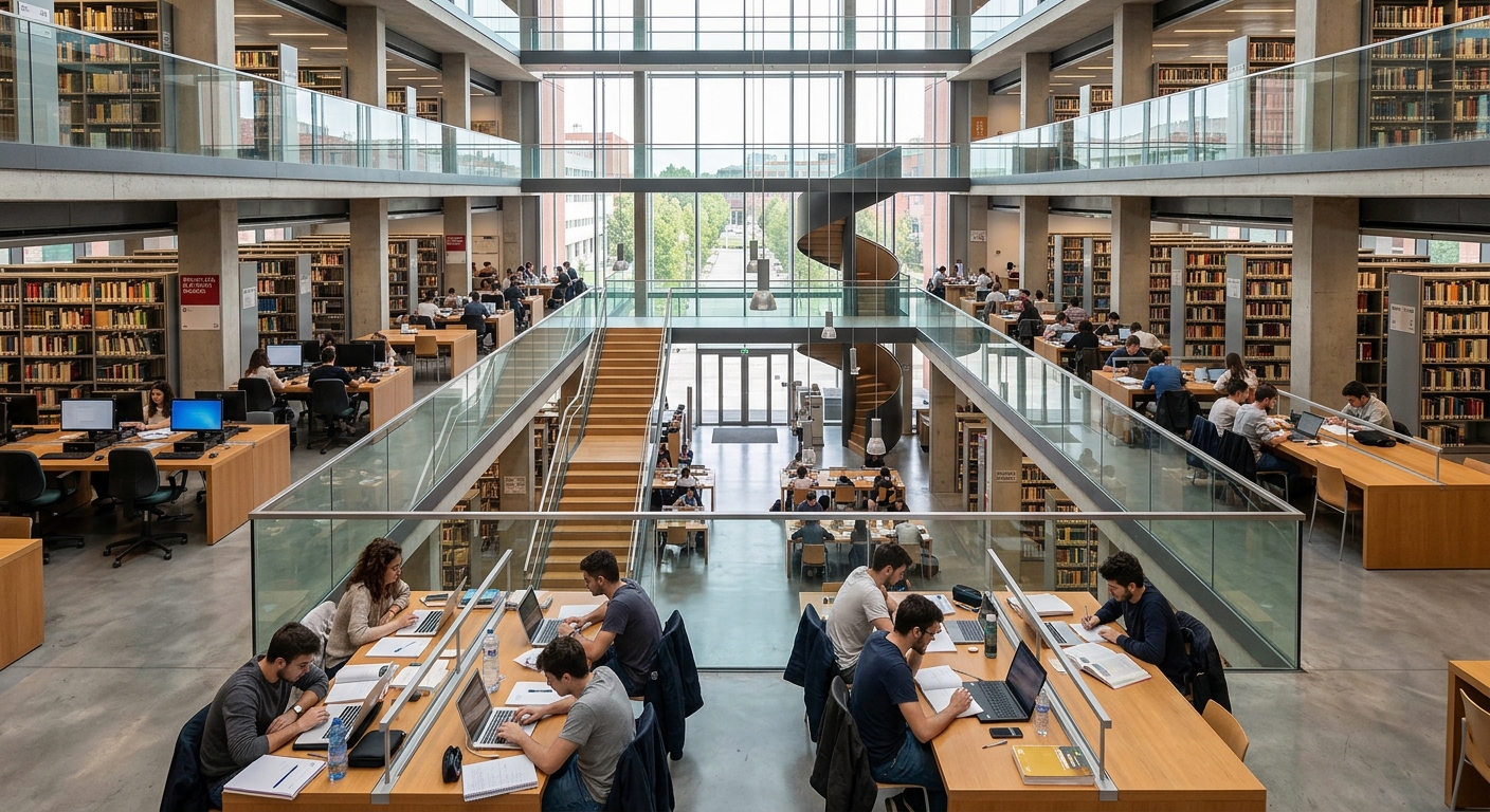 Modern university library interior at Milano-Bicocca, multi-level open study spaces, natural light, students studying at desks, bookshelves and digital workstations