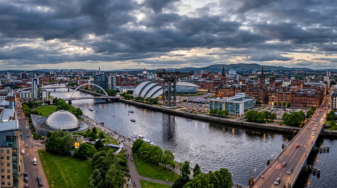 Glasgow city skyline panorama, River Clyde waterfront, modern SEC Armadillo building and Finnieston Crane, Victorian architecture, bridges, green parks, Scottish urban landscape under dramatic skies