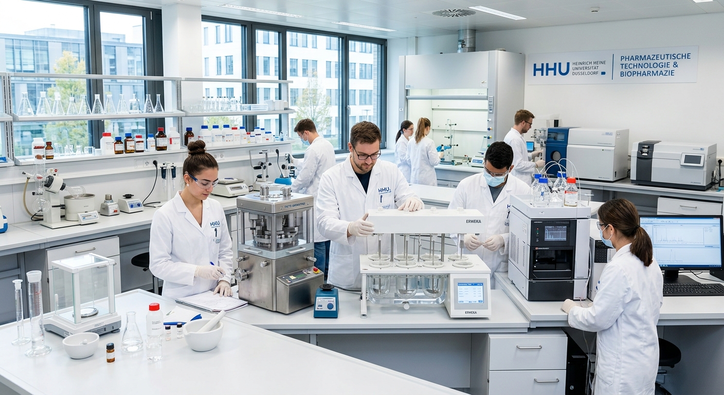 Modern pharmaceutical laboratory at Heinrich Heine University Düsseldorf, students in white lab coats working with drug formulation equipment, bright clean environment with industrial pharmacy instruments and chemical analysis tools