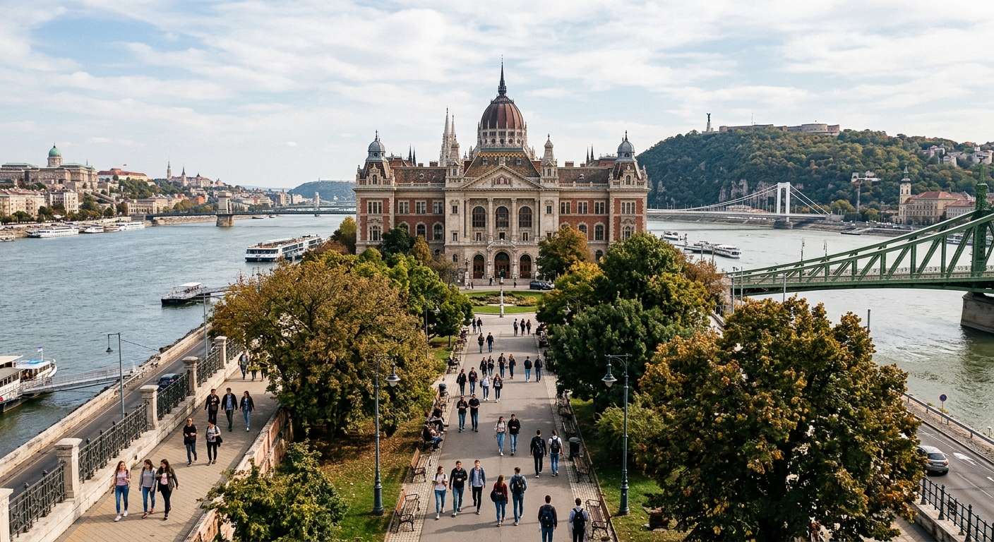 Budapest University of Technology and Economics main campus building along the Danube river, historic architecture with modern facilities, students walking through tree-lined pathways, Budapest cityscape in background