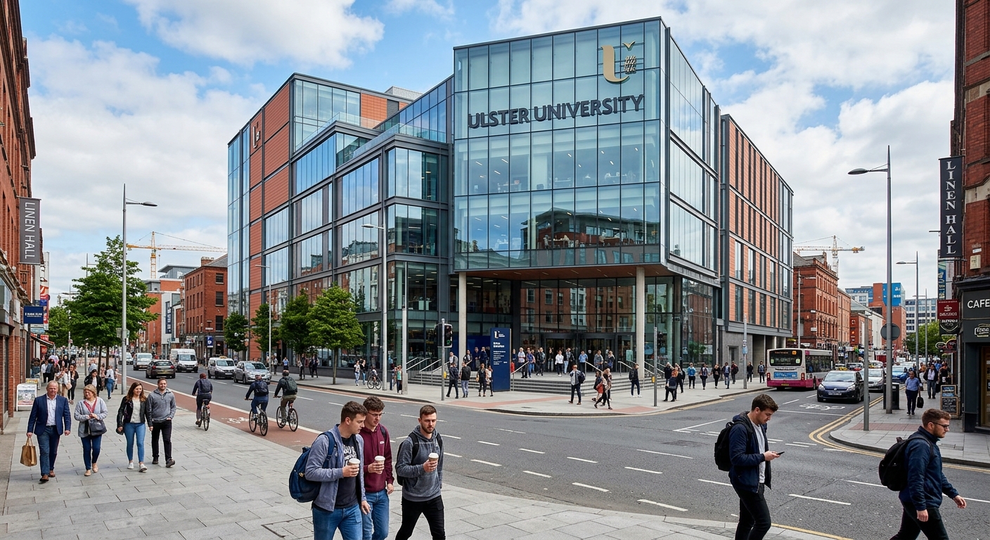 Ulster University Belfast campus, contemporary glass and steel building in the city centre with urban streetscape and pedestrians