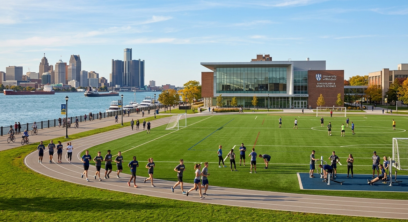 University of Windsor campus with modern kinesiology and sports science facilities, students exercising outdoors on green athletic fields near the Detroit River, bright sunny day in Windsor Ontario Canada