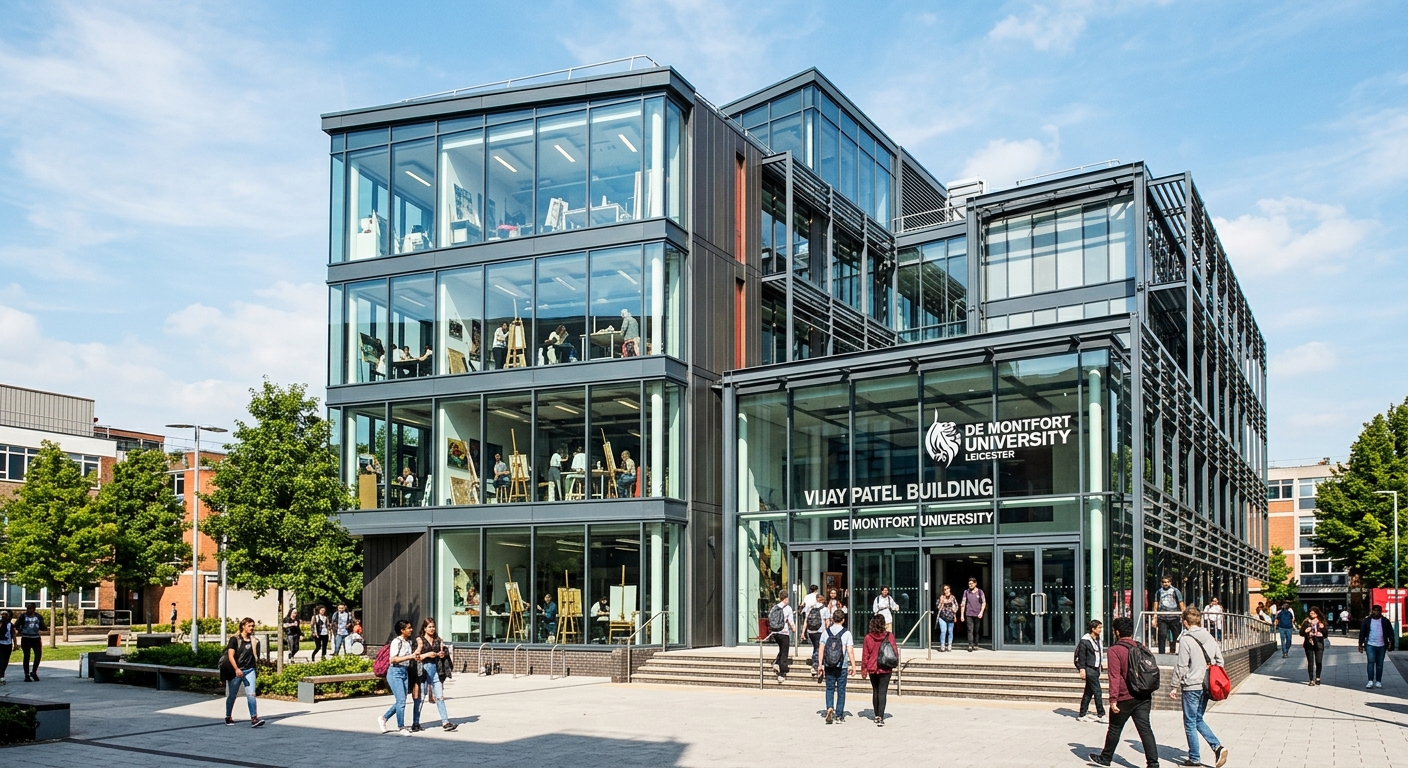 Vijay Patel Building at De Montfort University, modern glass and steel architecture, art studios visible through large windows, students entering the building, sunny day