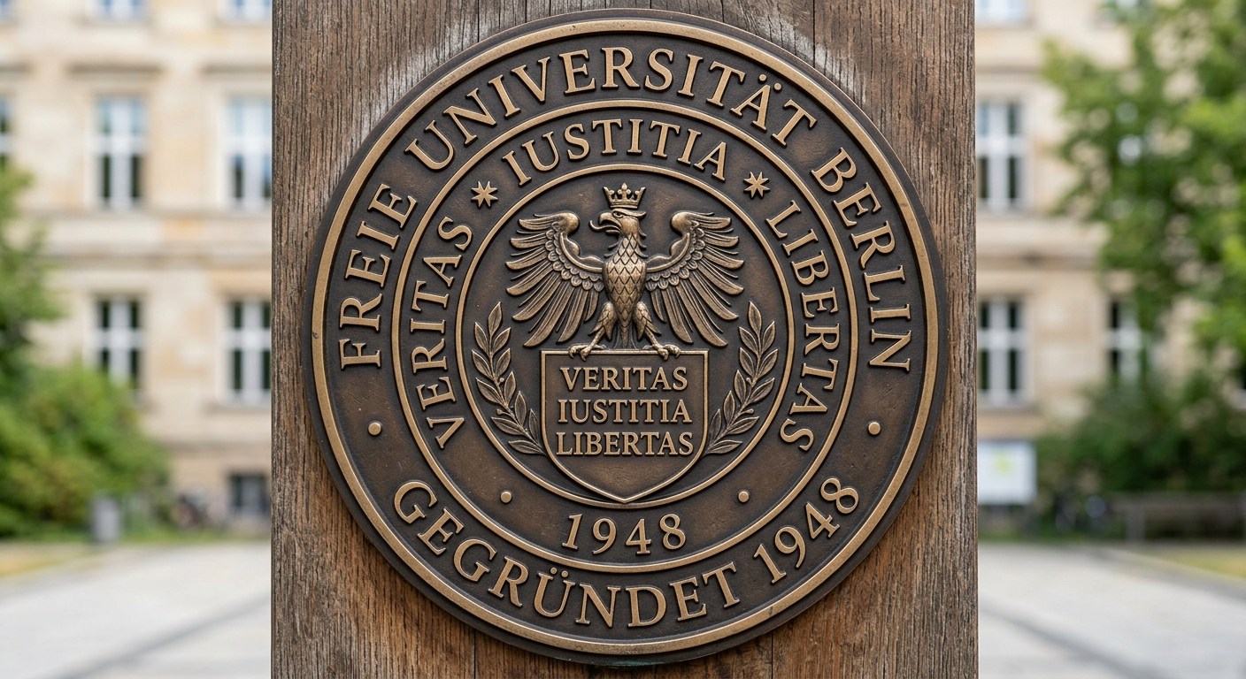 Free University of Berlin official seal featuring the Latin words Veritas Iustitia Libertas (Truth Justice Liberty) in a circular emblem design