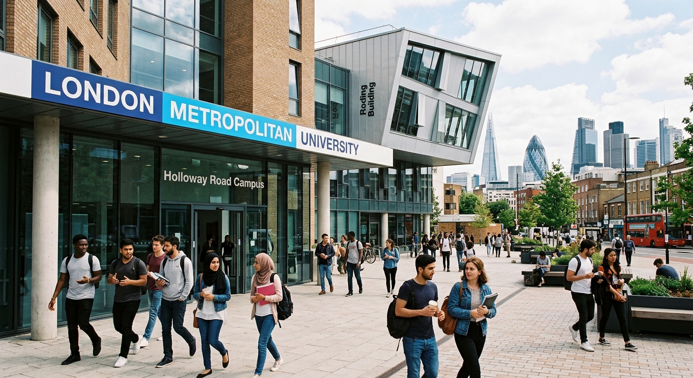 Modern London Metropolitan University campus building in Holloway, North London, with diverse international students walking through the entrance courtyard, city skyline visible in background, bright daylight