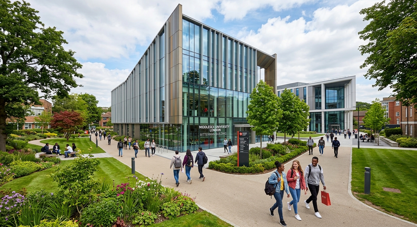 Modern Middlesex University London campus building with glass facade, students walking along pathways, green landscaped grounds, Hendon campus in north London with contemporary architecture and research facilities