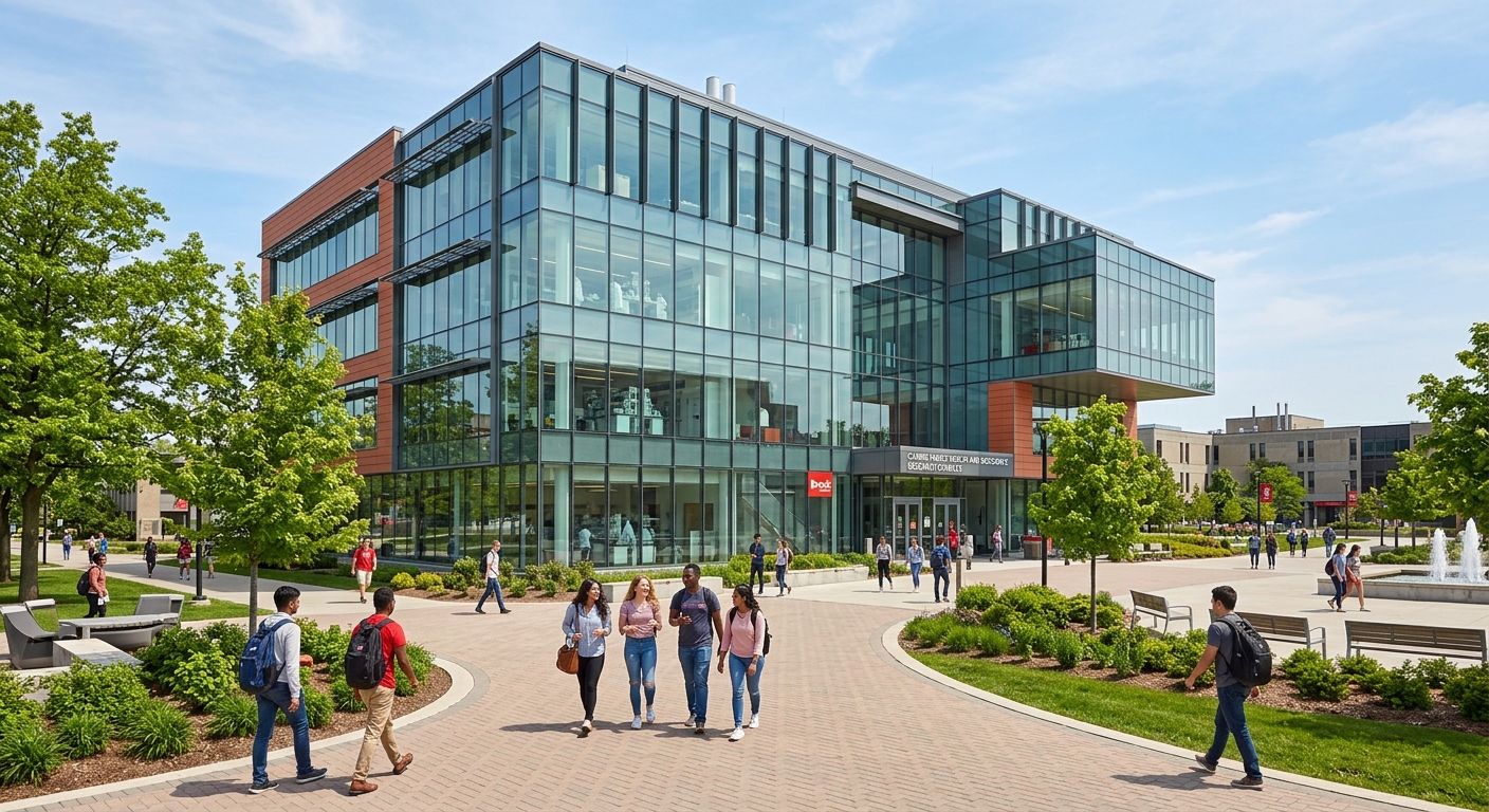 Cairns Family Health and Bioscience Research Complex at Brock University, modern glass-fronted building, bright daylight, students walking along pathways