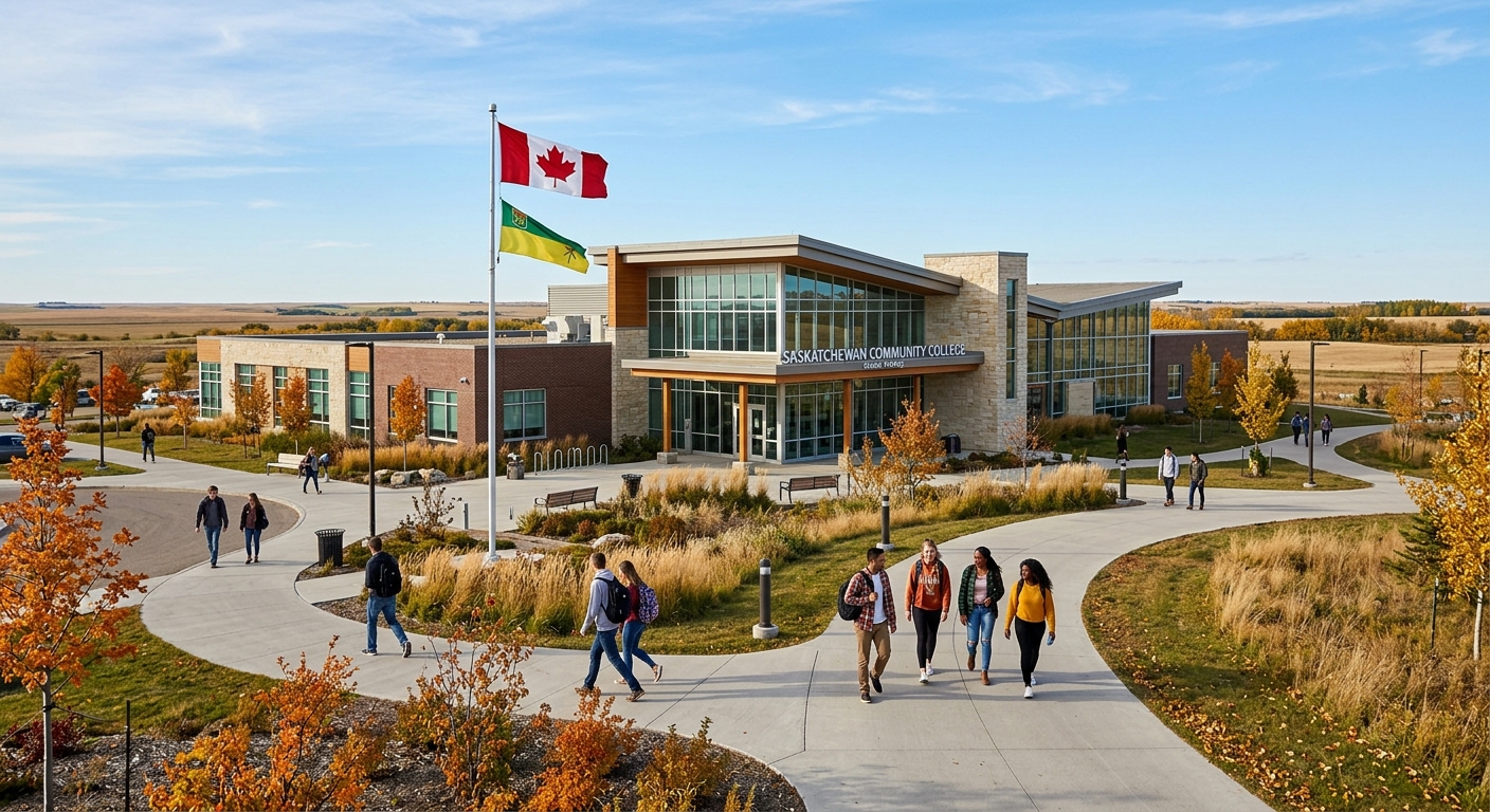 Modern community college campus building in Saskatchewan Canada with prairie landscape, students walking along pathways, clear blue sky, Canadian flag visible
