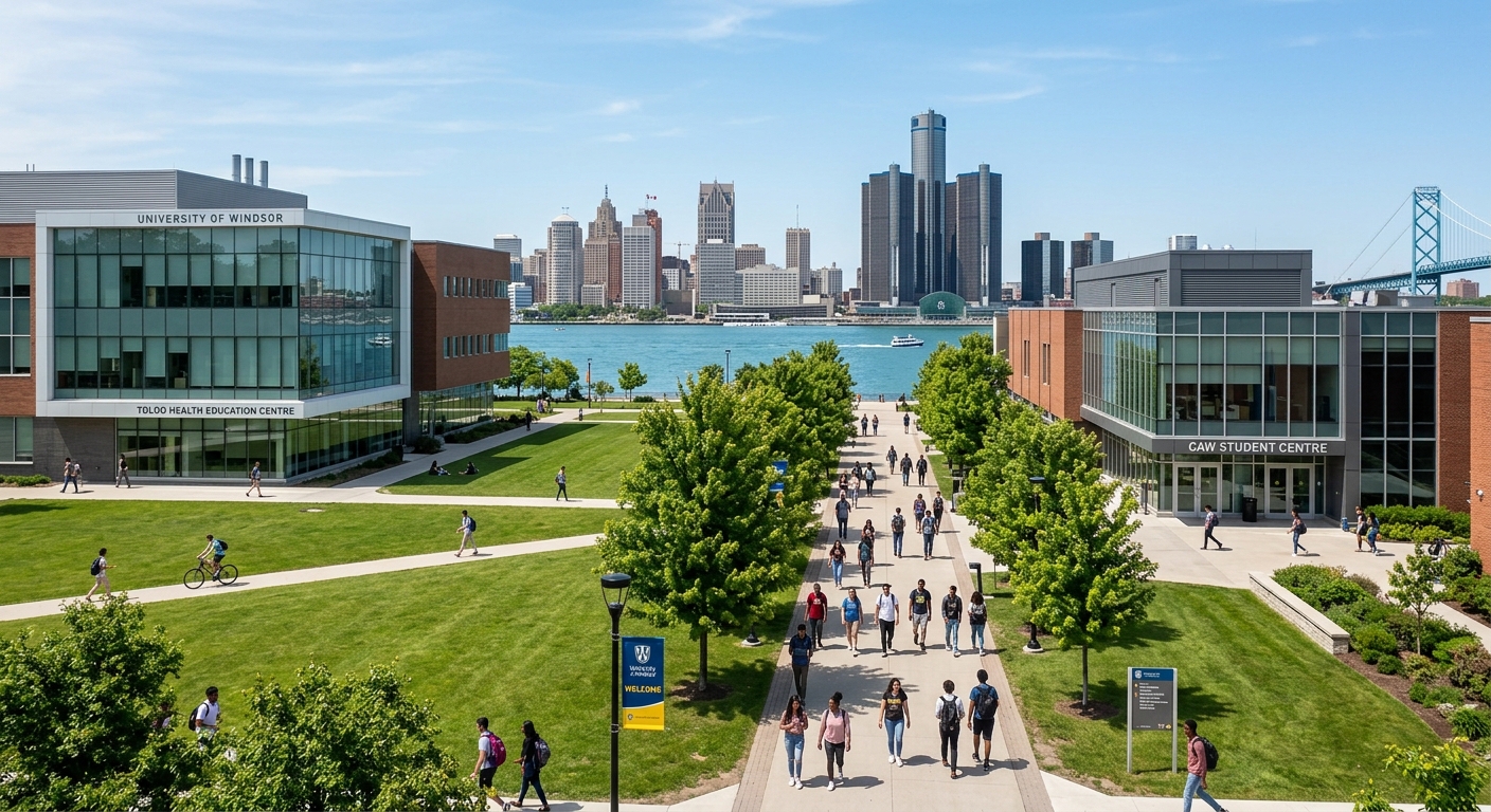 University of Windsor campus in Ontario Canada, modern academic buildings with green lawns, students walking along tree-lined pathways, clear sky, Detroit River visible in background