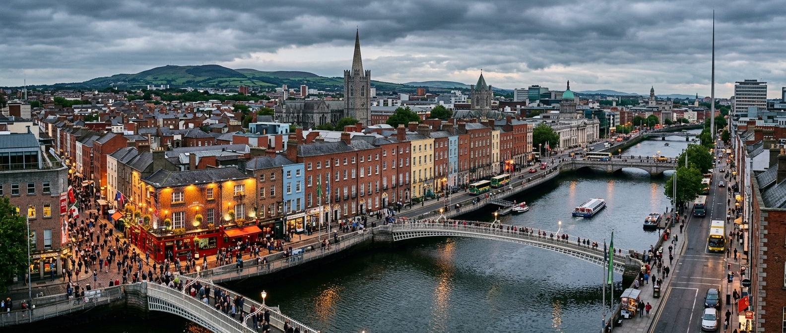 Dublin city centre panoramic view, River Liffey with Ha'penny Bridge, Georgian architecture, Temple Bar area, green hills in distance, overcast sky typical of Ireland, vibrant urban atmosphere