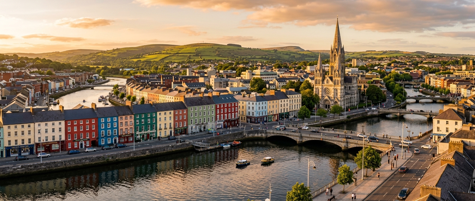 Panoramic view of Cork city centre with colourful Georgian buildings along the River Lee, St Fin Barre's Cathedral spire, green hills in the background, golden hour light