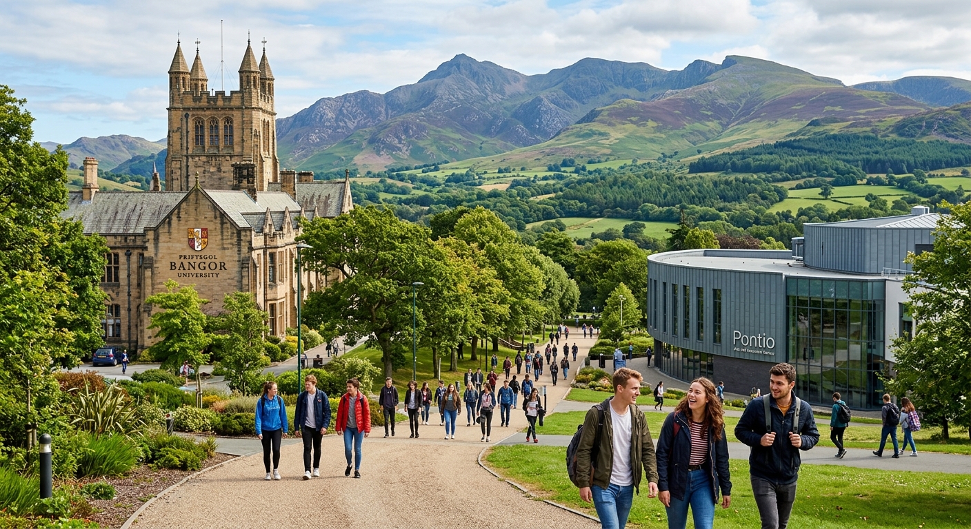 Bangor University campus with the historic main building and Pontio Arts Centre, set against the backdrop of Snowdonia mountains and lush Welsh countryside, students walking along tree-lined paths