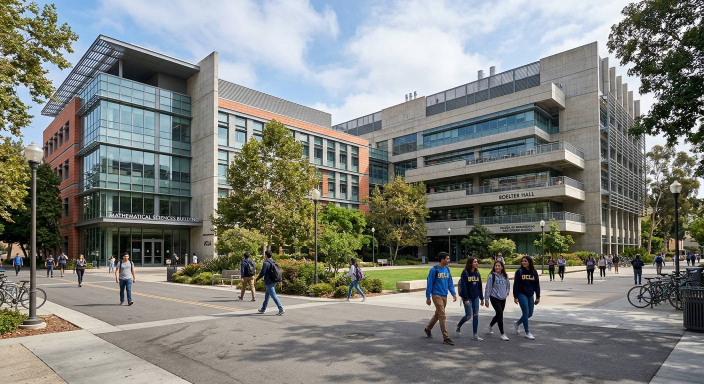 UCLA Court of Sciences featuring modern glass and concrete buildings, the Mathematical Sciences Building and Boelter Hall, with students walking along pathways between research facilities