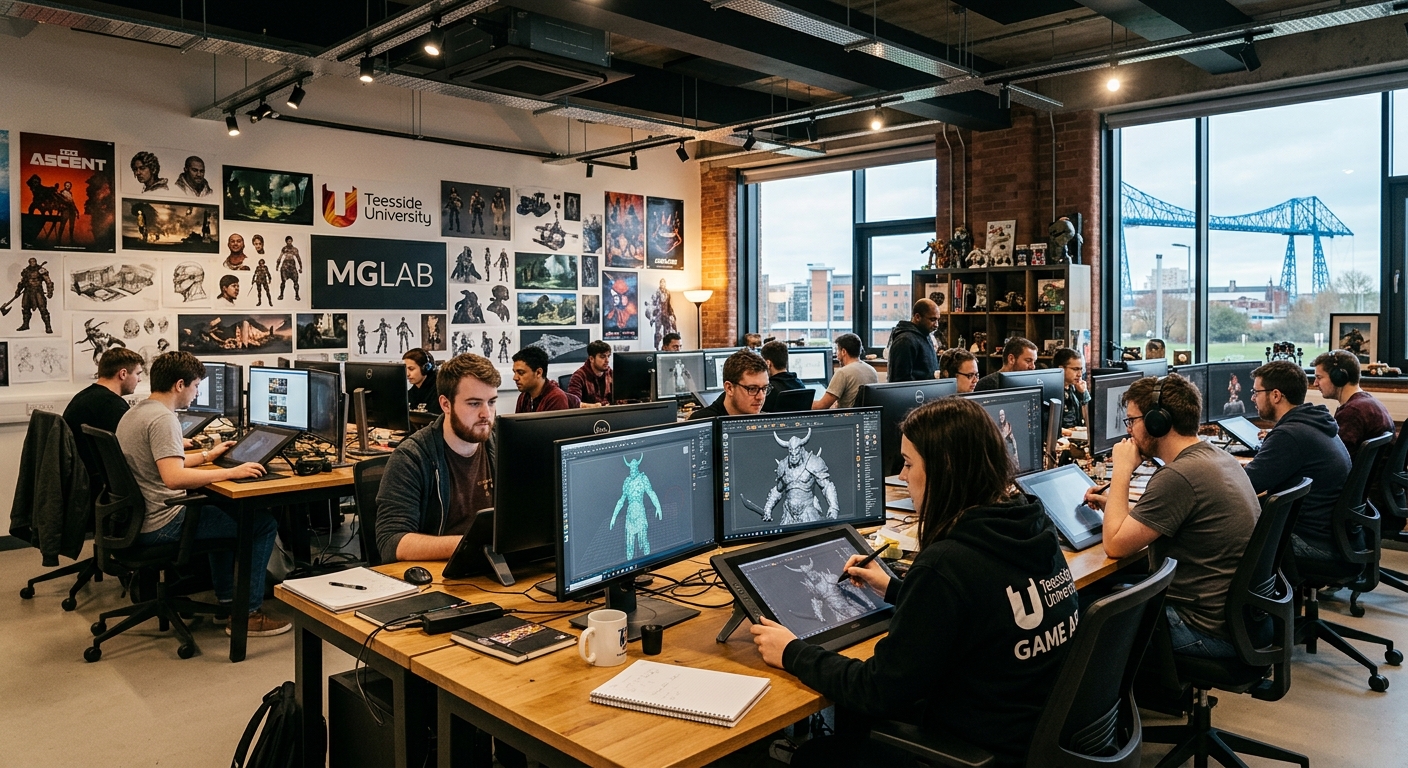 Modern game art studio at Teesside University campus in Middlesbrough, students working on 3D character models and digital sculpting on high-specification dual-screen computers with graphics tablets, creative lighting and concept art displayed on walls