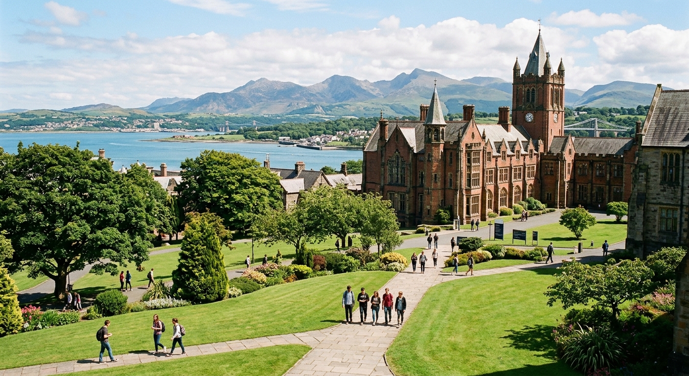 Historic Bangor University campus with Victorian architecture, green lawns, mountains of Snowdonia in the background and the Menai Strait coastline, students walking between buildings on a sunny day in North Wales