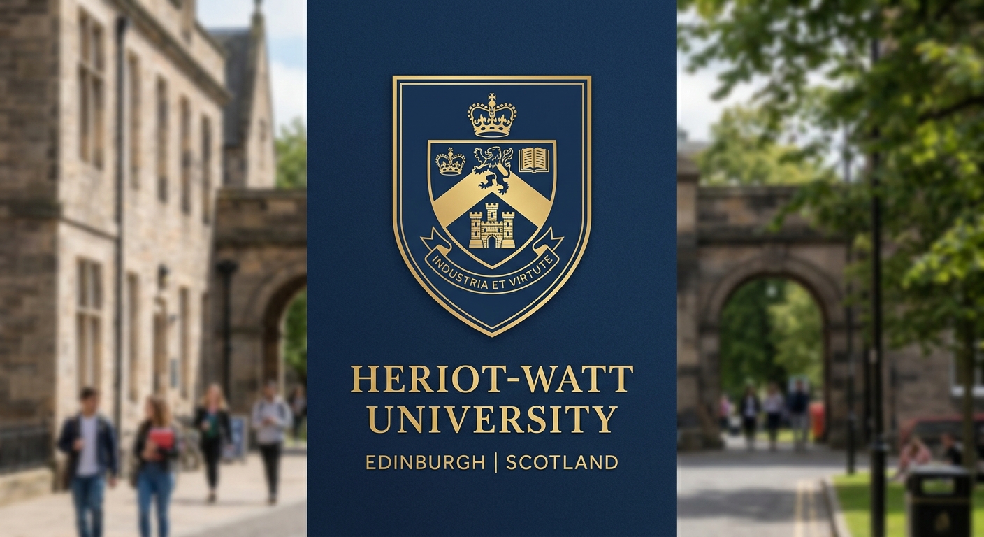 Heriot-Watt University official logo, navy blue shield crest with university name text
