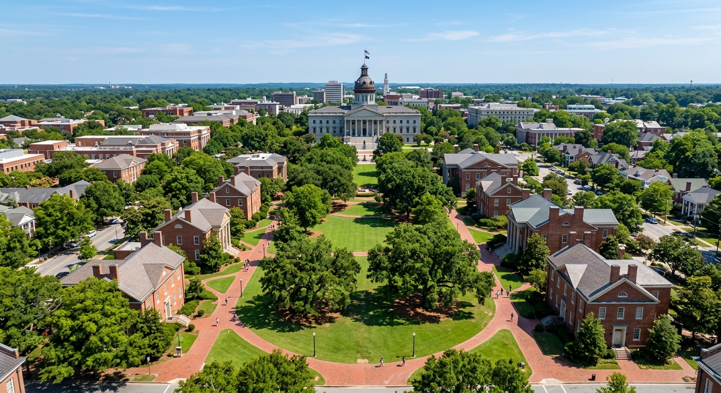 Aerial view of the University of South Carolina historic Horseshoe campus in Columbia, with red brick buildings, lush green lawns, mature oak trees, and the South Carolina State House visible in the background under a clear blue sky