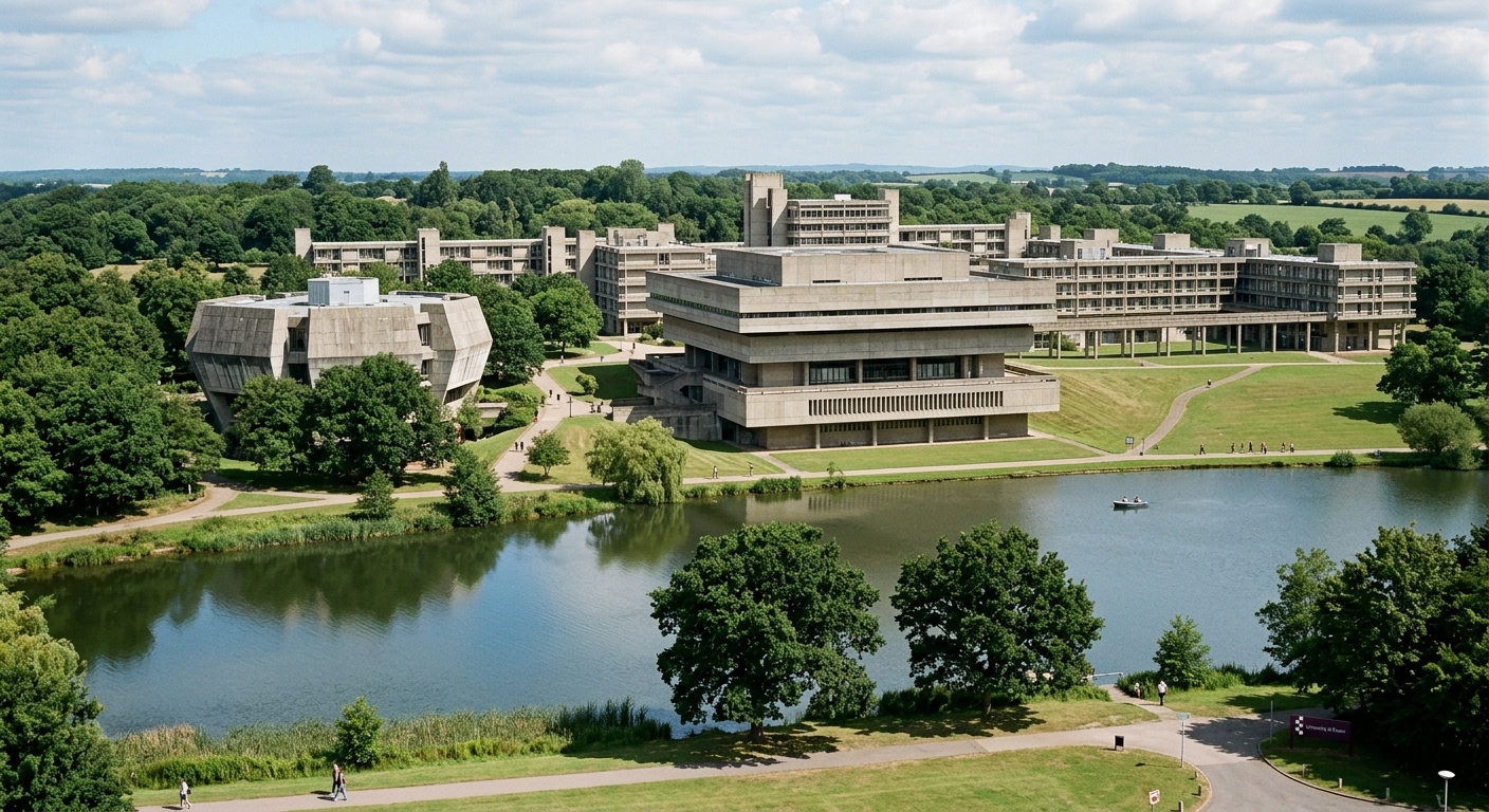 University of Essex Colchester campus Brutalist architecture buildings including the iconic Hexagon and Albert Sloman Library, surrounded by green parkland and lake at Wivenhoe Park