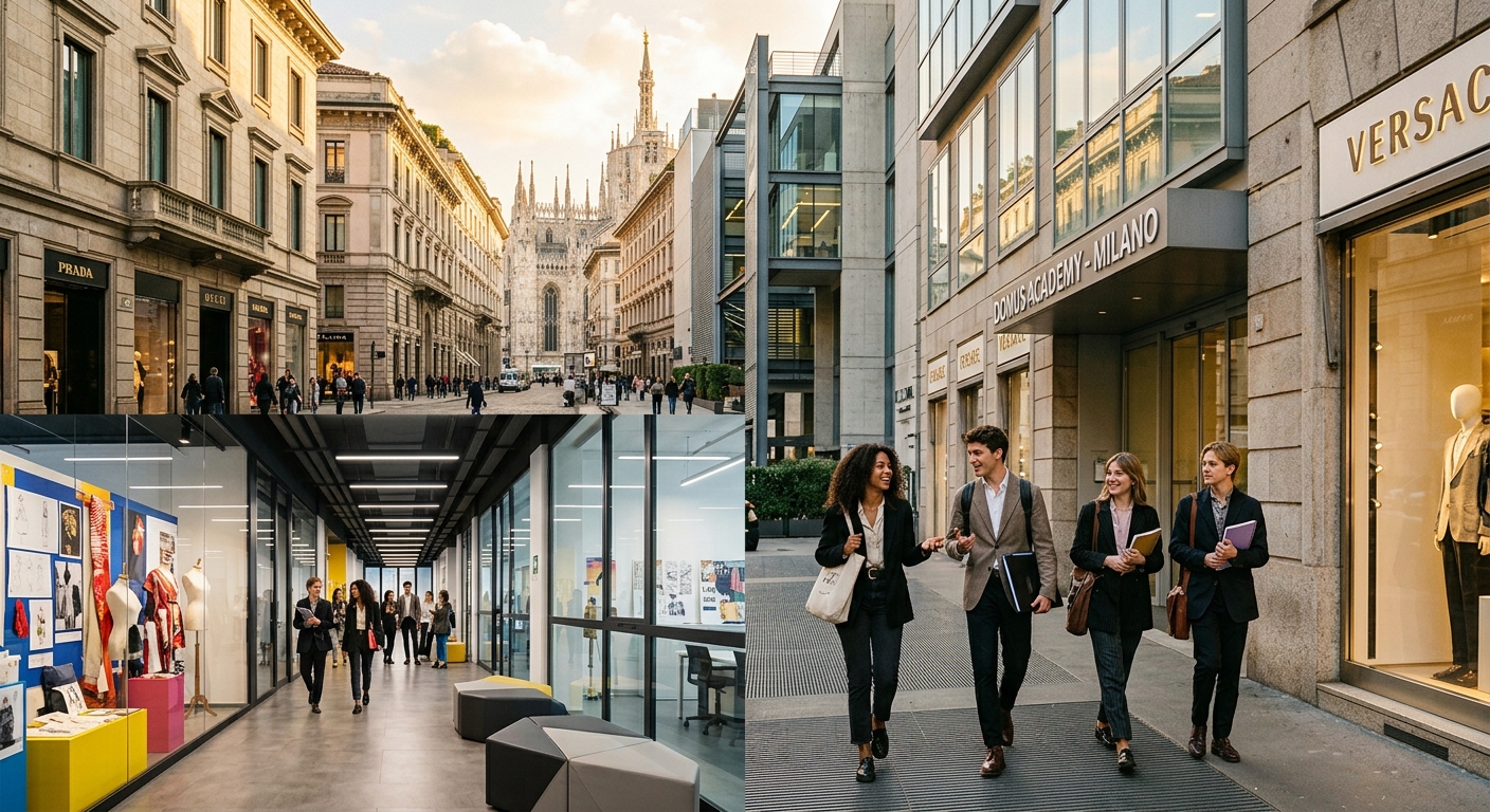 Elegant Milan cityscape with luxury fashion district, Domus Academy modern campus building, students walking through stylish corridors with high-end design elements, warm Italian sunlight