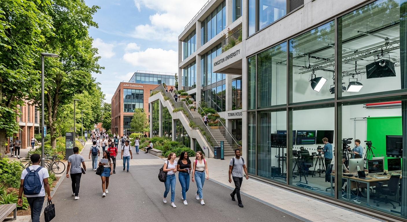 Kingston University Penrhyn Road campus with modern Town House building, students walking along tree-lined pathways, digital media studio equipment visible through glass windows, sunny day in Kingston upon Thames