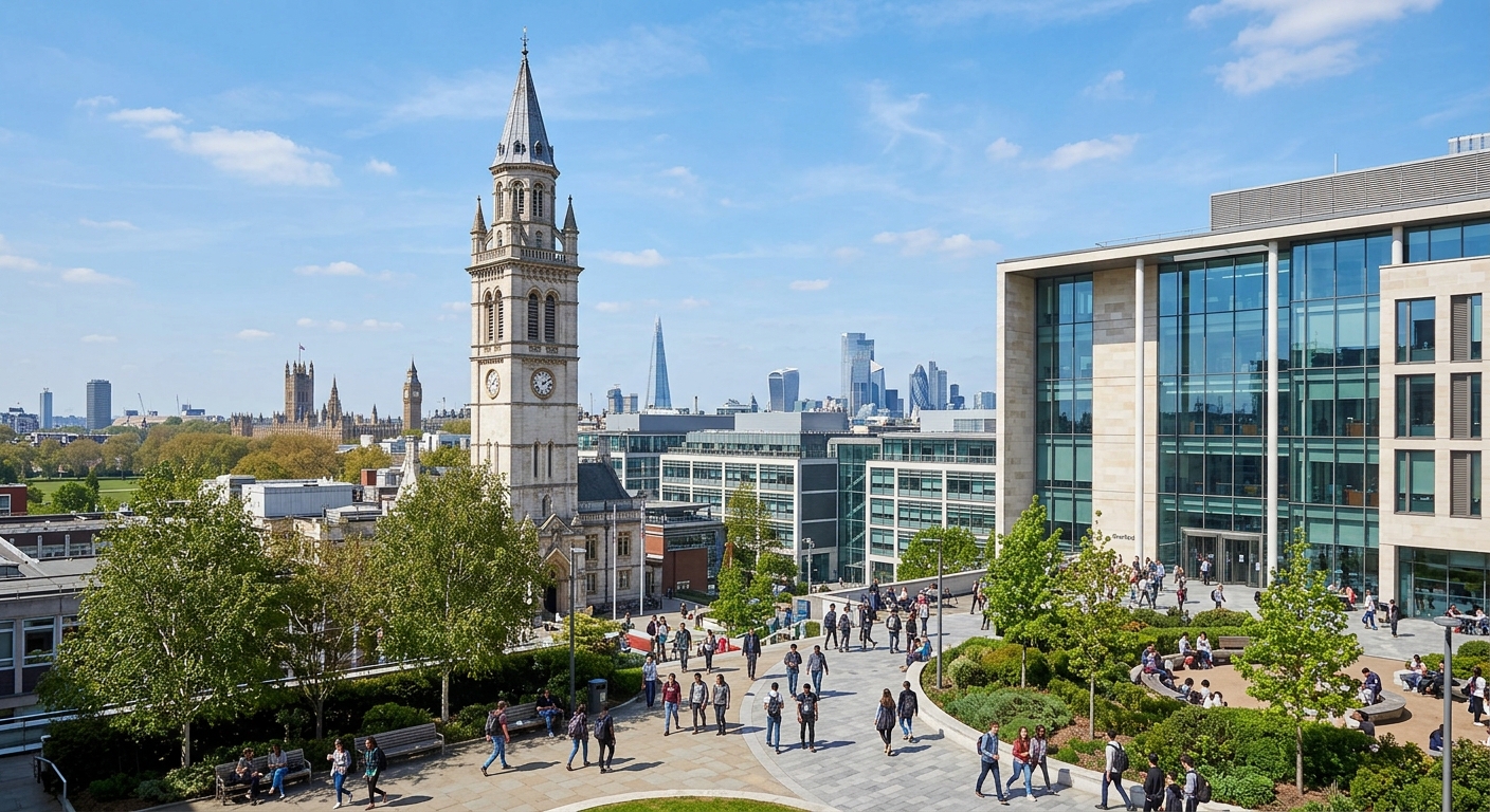 Imperial College London South Kensington campus, Queen's Tower landmark visible, modern glass and stone buildings, students walking through campus courtyard, London skyline in background, clear day with blue sky